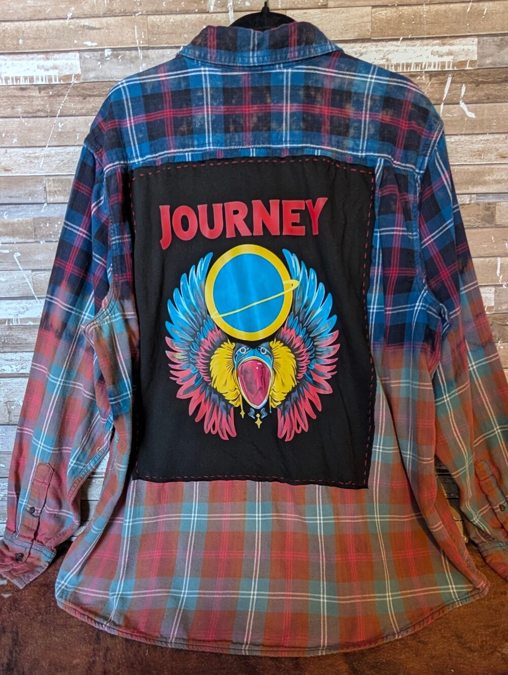 Journey Graphic Upcycled Handcrafted Dip Dyed Bleached Flannel Shirt